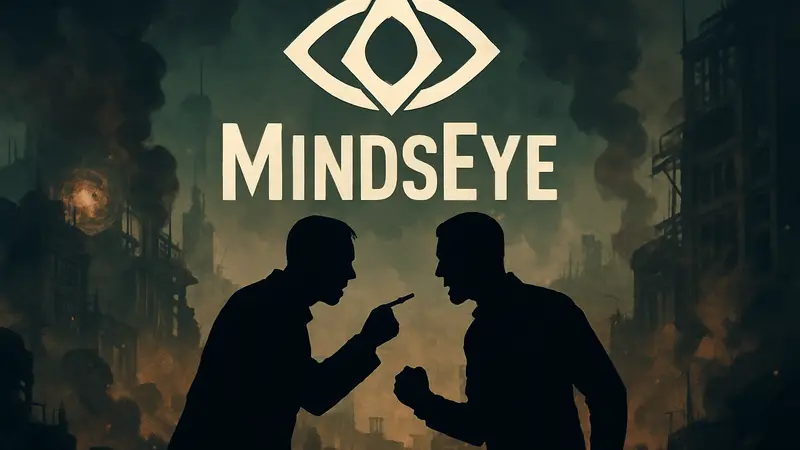 Логотип игры MindsEye с мрачным фоном, символизирующим конфликт