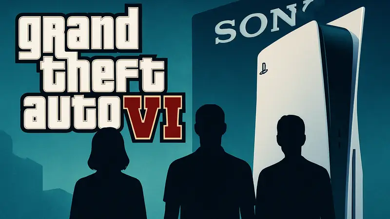 Логотип GTA 6 на фоне консоли PlayStation 5 с надписью Sony
