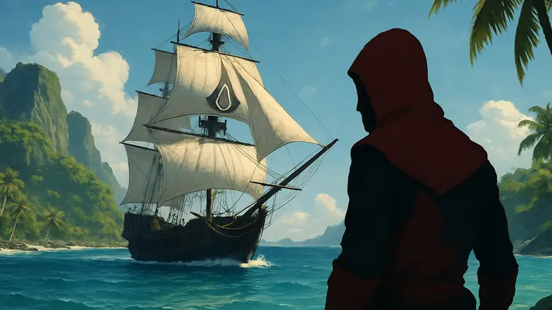 Корабль «Галка» из Assassin's Creed Black Flag, плывущий по морю на фоне тропического острова.