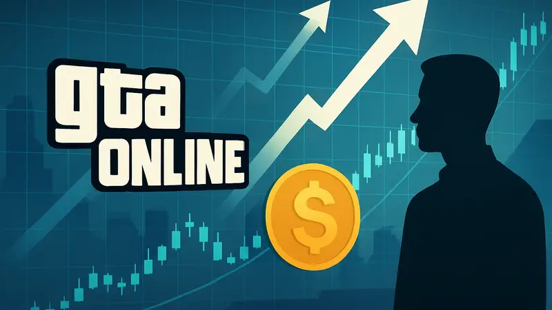 Логотип GTA Online и значок доллара на фоне графика растущих акций Take-Two.