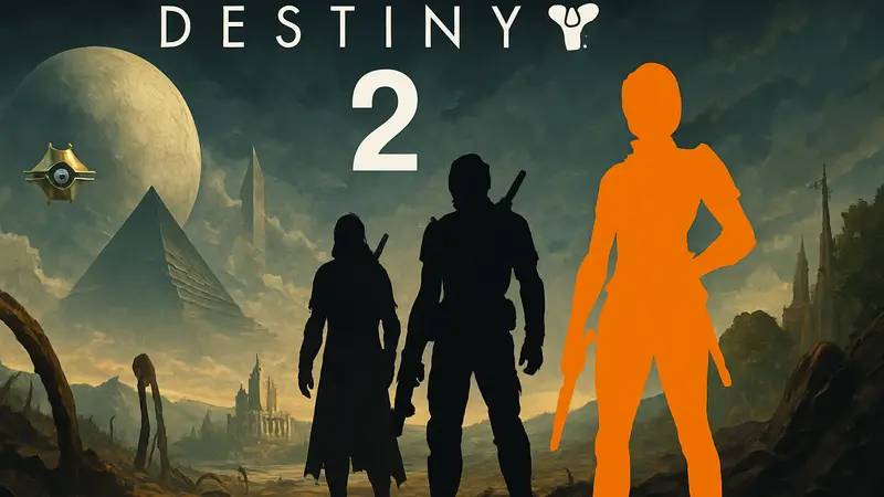 Логотип Destiny 2 на темном фоне, элементы игровой вселенной и персонажи Destiny 2