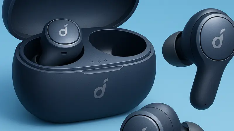Беспроводные наушники Anker Soundcore A40 на фоне, демонстрирующие их дизайн и компактность.
