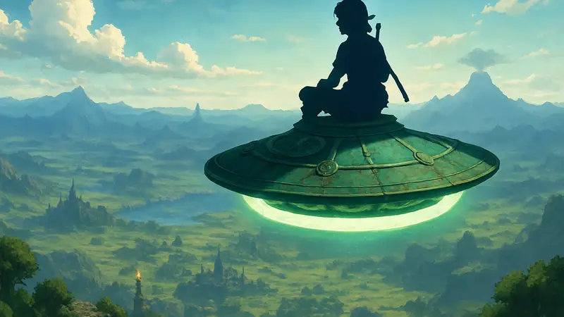 НЛО, собранное игроком в The Legend of Zelda: Tears of the Kingdom, летит над Хайрулом.