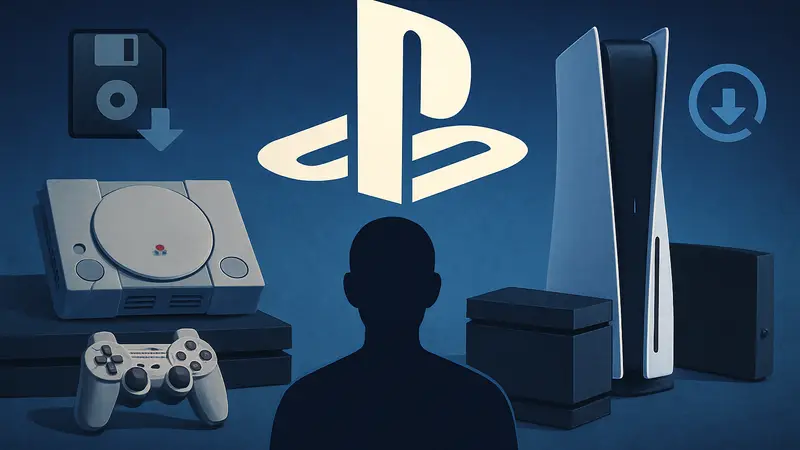 Логотип PlayStation, на фоне которого изображены старые и новые консоли, и символы сохранения данных.