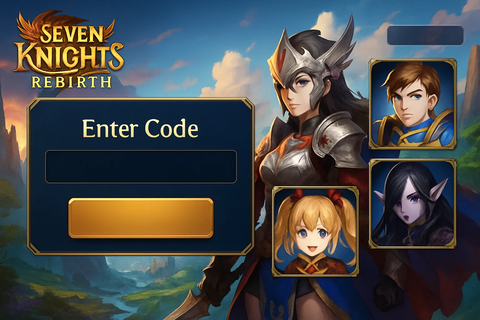 Скриншот из игры Seven Knights Rebirth с отображением экрана ввода кодов и иконками персонажей.