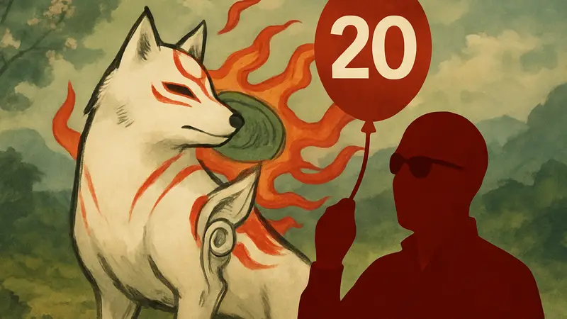 Хидэки Камия, режиссер игры Okami, на фоне арта Аматэрасу из Okami, с праздничным посланием к 20-летию.