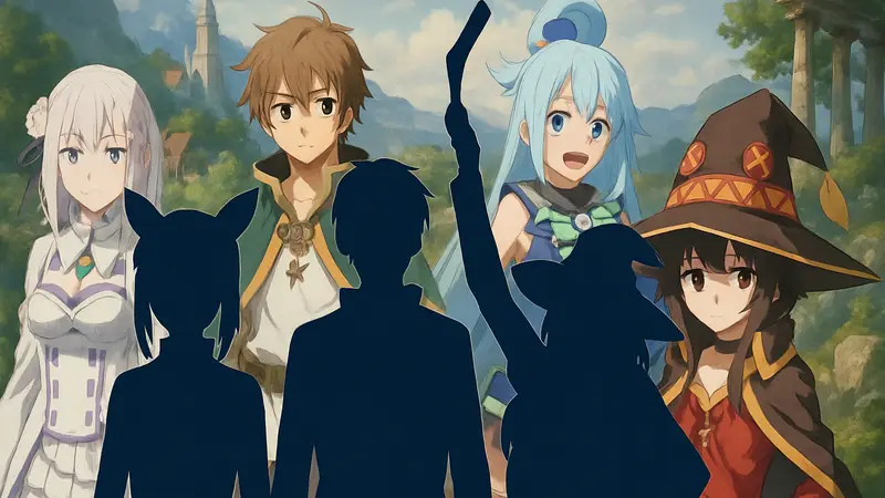 Коллаж из главных персонажей популярных исекай аниме, таких как Re:Zero, Mushoku Tensei и KonoSuba