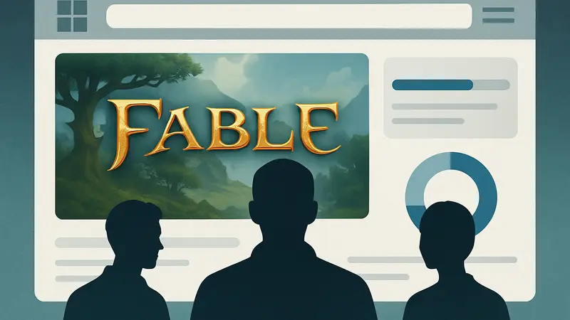 Логотип Fable на фоне интерфейса Microsoft с показателем активности голосования сообщества.