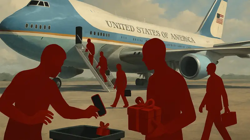 Делегация США на борту Air Force One, безопасность после визита в Китай, телефоны и подарки.