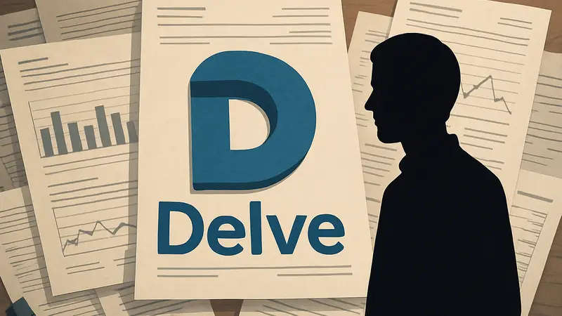 Изображение логотипа Delve на фоне документов, символизирующих обвинения в отчётности