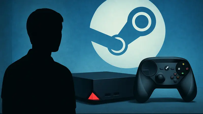 Изображение Steam Machine, игровой консоли от Valve с джойстиком Steam Controller, на фоне логотипа Steam.