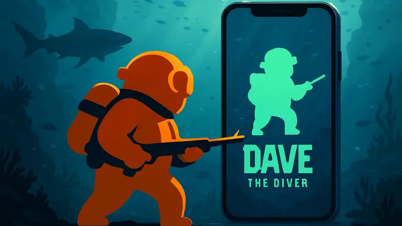Главный герой Dave the Diver в водолазном костюме с гарпуном на фоне морских глубин и экрана смартфона.