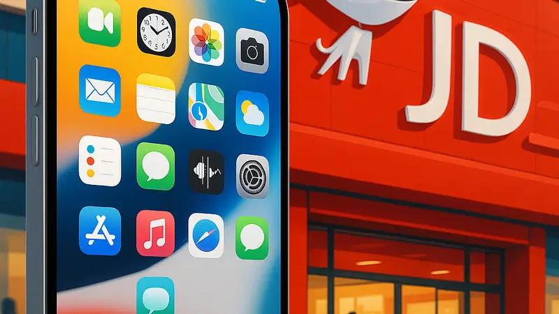 Смартфон iPhone Air с экраном, демонстрирующий интерфейс, на фоне китайского магазина JD.com