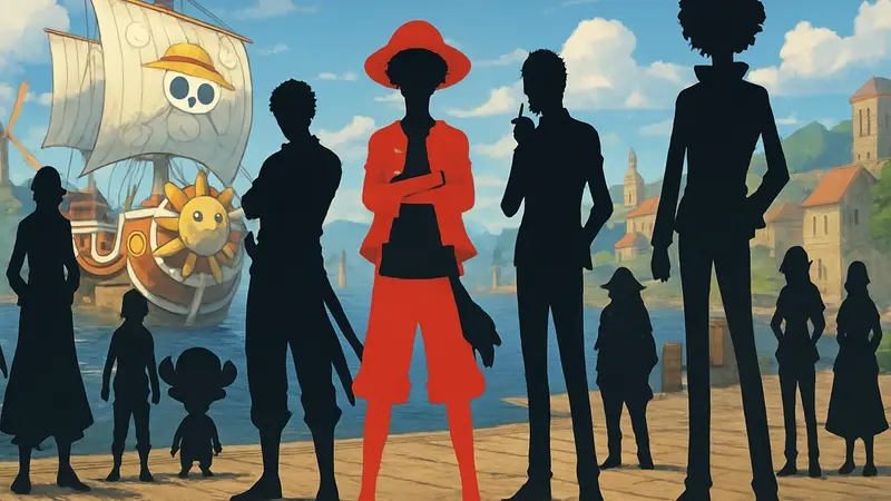 Персонажи «Трио Монстров» (Луффи, Зоро, Санджи) из аниме One Piece, вместе с остальными членами команды Соломенной Шляпы.