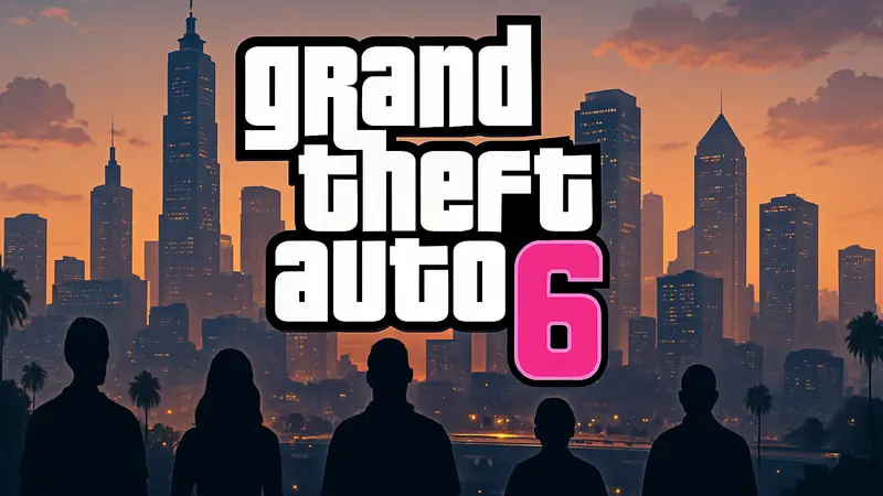 Логотип игры Grand Theft Auto 6 на фоне города