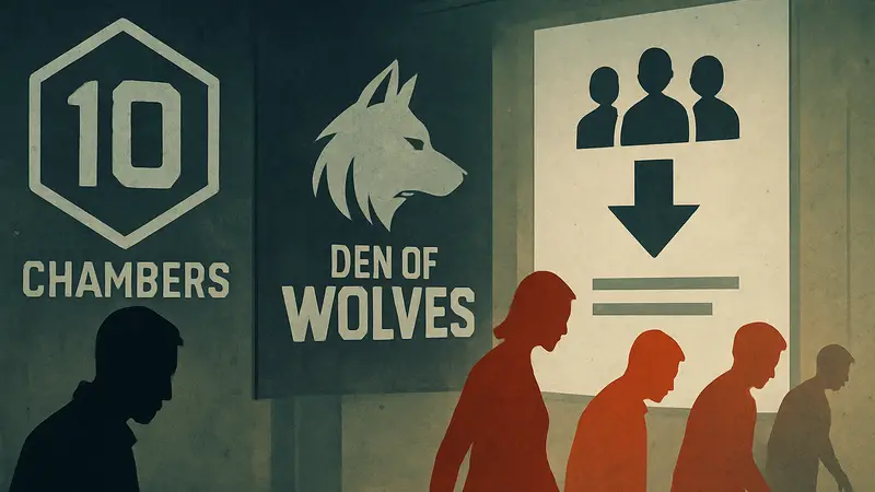 Логотип 10 Chambers и Den of Wolves на фоне сообщения о реструктуризации и увольнениях