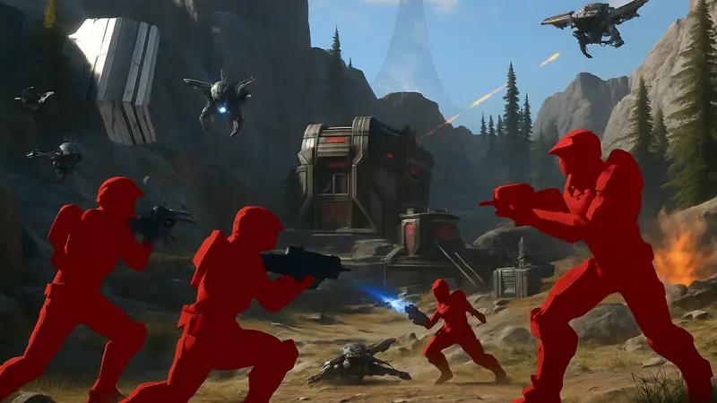 Скриншот из Halo Infinite с новым режимом Operation Firefight: Gauntlet и спартанцами в бою