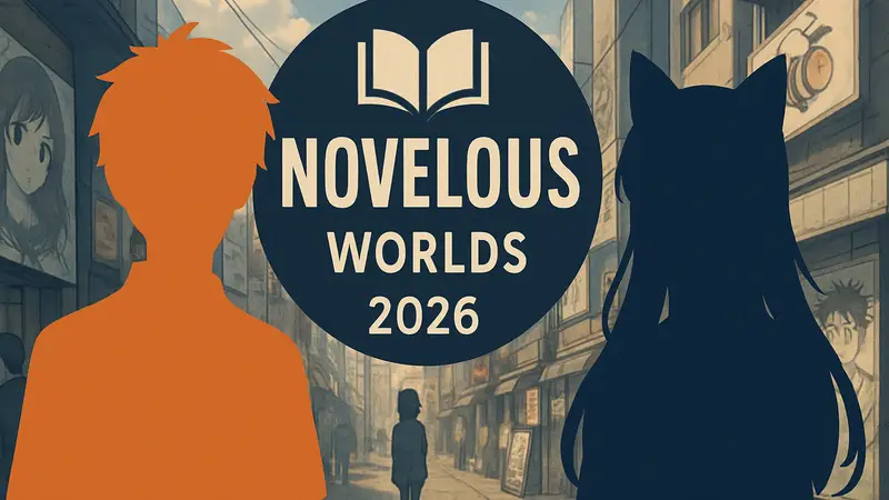Логотип конкурса NOVELOUS Worlds 2026 на фоне символов аниме и манги, представляющий партнерство MyAnimeList и Honeyfeed.