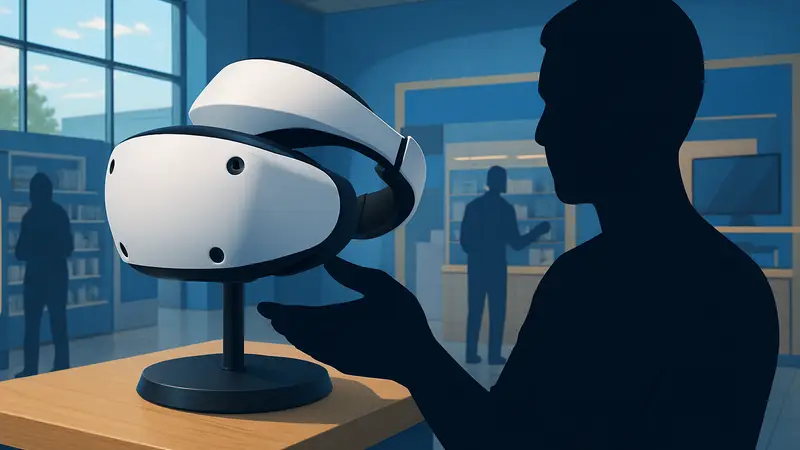 Гарнитура PSVR 2 на подставке или в руках человека, VR-технология