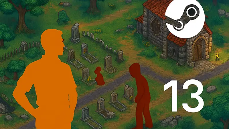 Скриншот игры Graveyard Keeper, стилизованный под Stardew Valley, с логотипом Steam и датой акции.