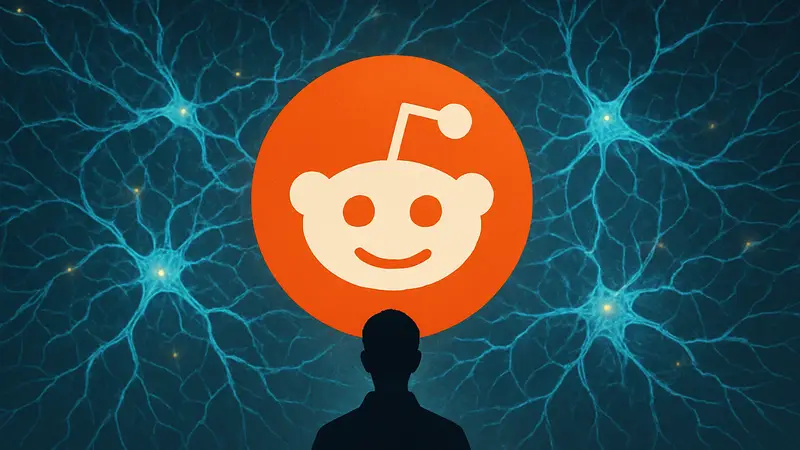 Логотип Reddit на фоне нейронной сети, символизирующей AI-поиск и развитие технологий.
