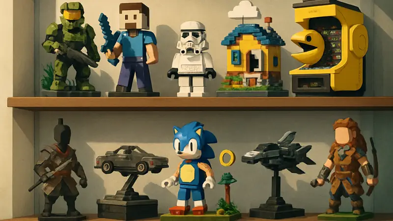 Десять популярных LEGO-наборов по мотивам видеоигр, включая Zelda, Mario, Sonic и Pac-Man, на полке.