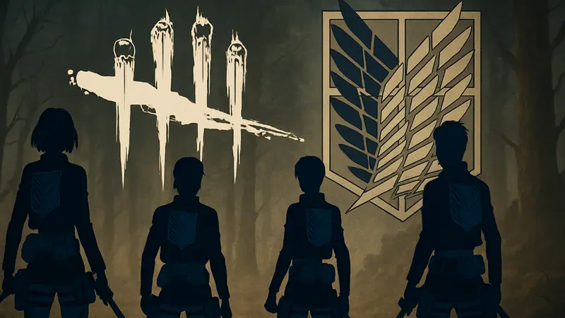 Персонажи Dead by Daylight в костюмах из аниме «Атака титанов» на фоне логотипов обеих франшиз.