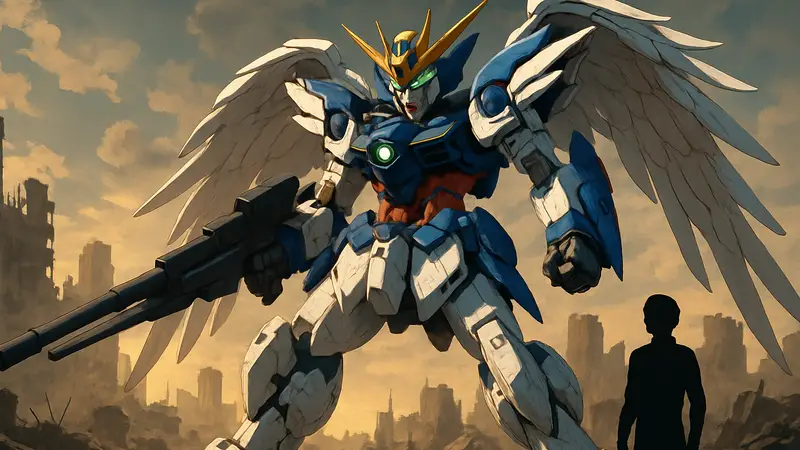 Изображение Wing Gundam Zero, одного из самых мощных мобильных доспехов из вселенной Гандам, в боевой стойке.