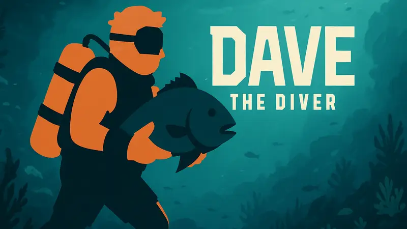 Изображение главного героя Dave the Diver в подводном снаряжении, держащего рыбу, с логотипом игры.