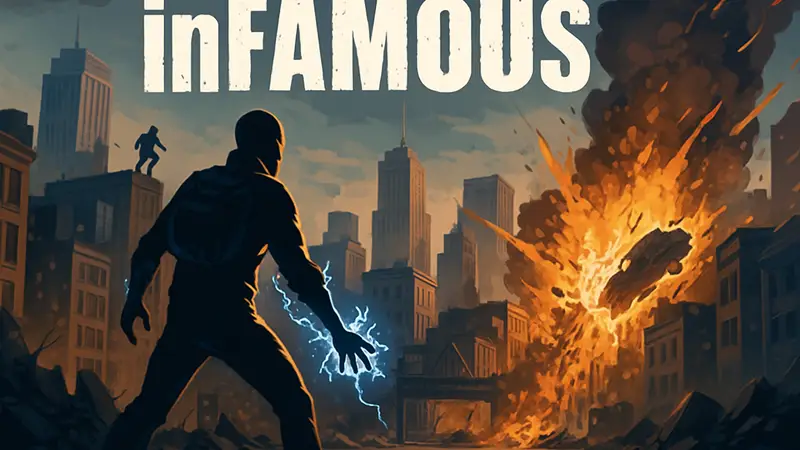 Логотип игры inFAMOUS на фоне города, разрушаемого суперсилами