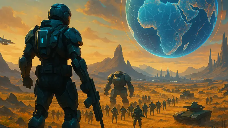 Концепт-арт футуристической open-world игры с элементами завоевания территорий и армий.