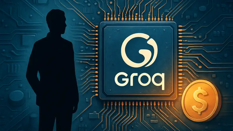 Логотип Groq на фоне микросхемы ИИ-чипа, символизирующего инвестиции в технологии искусственного интеллекта.