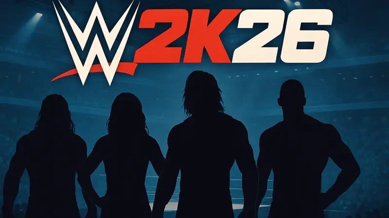 Логотип WWE 2K26 с игровыми персонажами.
