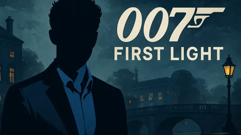 Портрет Патрика Гибсона, звезды игры 007 First Light от IO Interactive, на фоне логотипа игры.