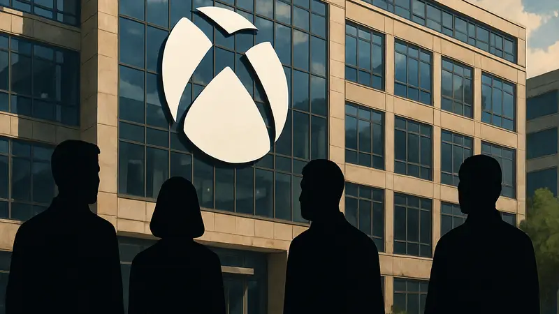 Логотип Xbox на фоне офисного здания, символизирующий корпоративные новости.