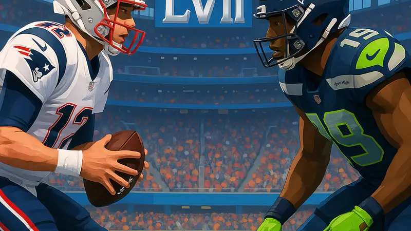 Игроки команд New England Patriots и Seattle Seahawks на футбольном поле перед матчем Супербоул 2026.