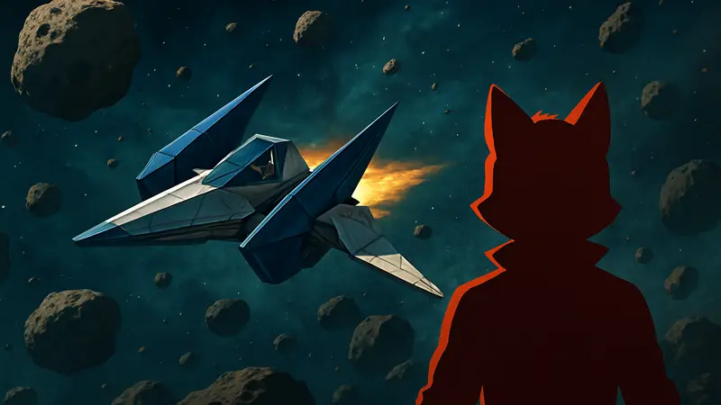 Истребитель Arwing под управлением Фокса МакКлауда летит сквозь астероидное поле в игре Star Fox 64.