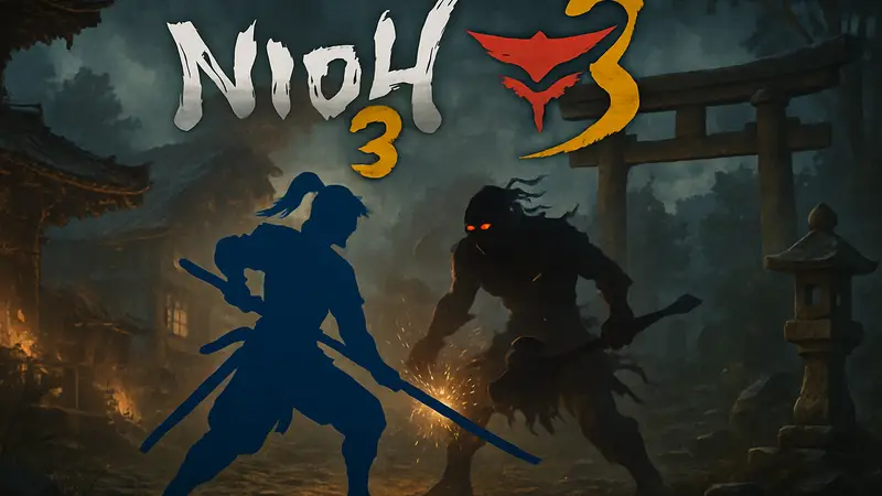 Логотип Nioh 3 и Team Ninja на фоне игрового процесса с улучшенной боевой системой