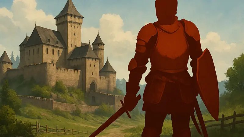 Генрих из Kingdom Come: Deliverance 2 в доспехах, на фоне средневекового замка.