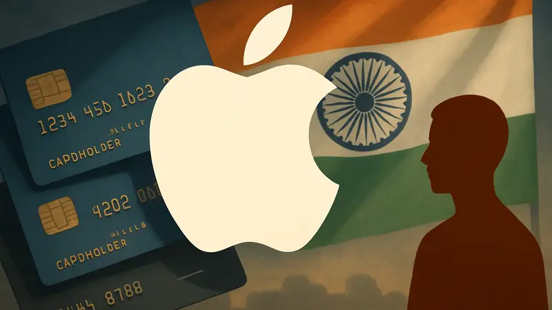 Логотип Apple на фоне банковских карт и индийского флага, символизирующий возвращение платежей в Индии.