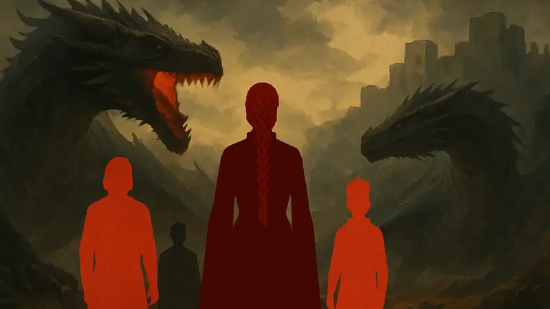 Сцена из сериала Дом Дракона, персонажи из Дома Таргариенов на фоне драконов.
