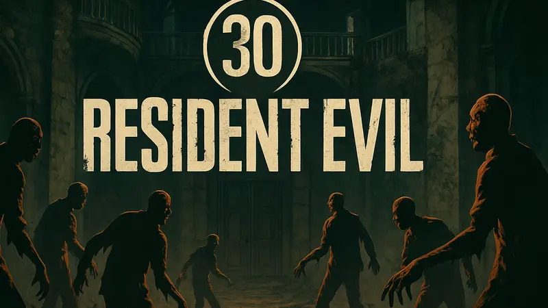 Логотип Resident Evil на фоне зомби, символизирующий 30-летие и рейтинг игр