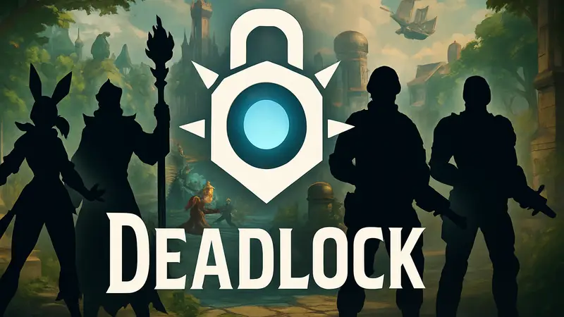 Логотип игры Deadlock на фоне персонажей из вселенных Valve, подчеркивающий жанр MOBA.
