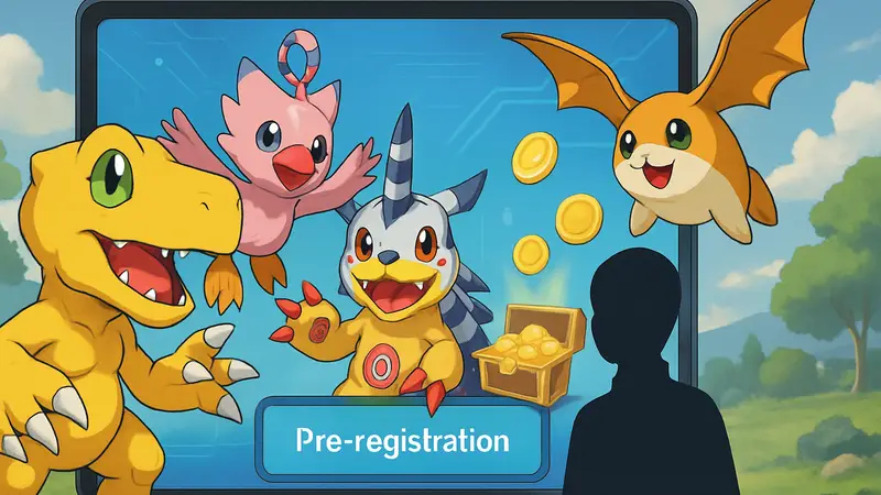 Изображение с персонажами Digimon из мобильной игры Digimon Up на фоне экрана предварительной регистрации.