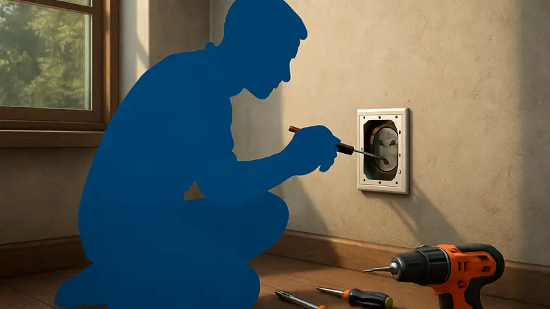 Игровой скриншот House Flipper, показывающий процесс ремонта электрической розетки с инструментами.