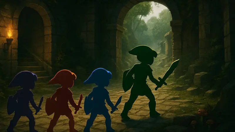Персонажи из The Legend of Zelda: Four Swords Adventures на GameCube в кооперативном режиме.