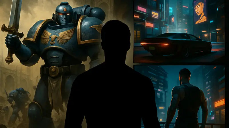 Генри Кавилл в стилистике Warhammer 40,000 и скриншоты из Cyberpunk 2077 с модификациями.