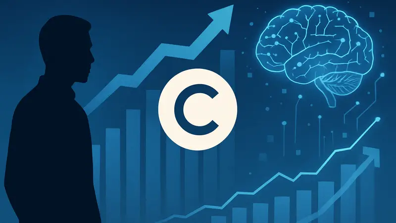 Логотип стартапа Cognition на фоне графиков роста инвестиций и технологий искусственного интеллекта, символизирующих успех.