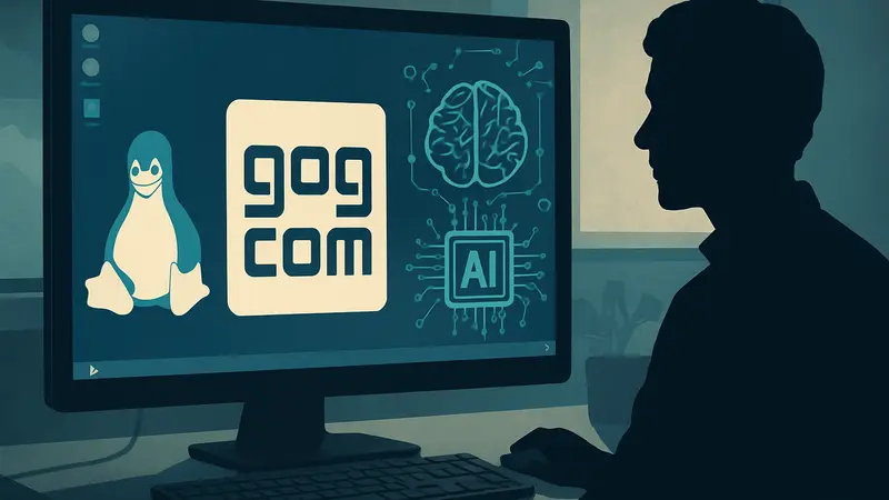 Логотип GOG на фоне рабочего стола Linux с элементами искусственного интеллекта, демонстрирующими новые инициативы компании.