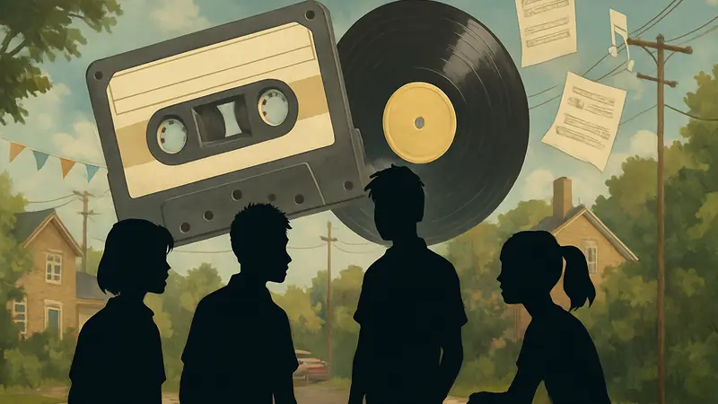 Скриншот из игры Mixtape с подростками и музыкальными элементами на фоне.